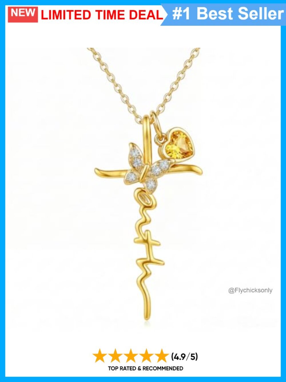 14K Gold Plated Faith Cross Butterfly Birthstone Pendant Necklace